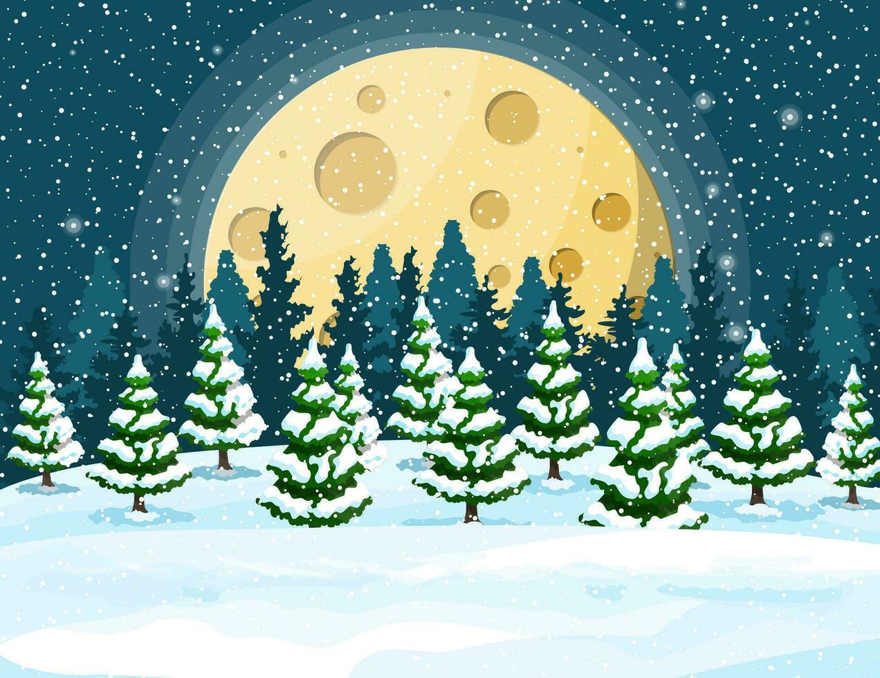 vinter- jul bakgrund. tall träd trä och snö. vinter- landskap med gran träd skog och snöar. Lycklig ny år firande. ny år xmas Semester. vektor illustration platt stil