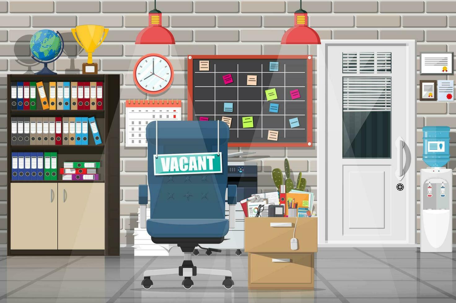 Büro Innere, Stuhl mit vakant unterzeichnen. Schublade mit Büro Waren. einstellen, Rekrutierung. Mensch Ressourcen Management, suchen Fachmann Mitarbeiter, arbeiten. gefunden richtig fortsetzen. eben Vektor Illustration