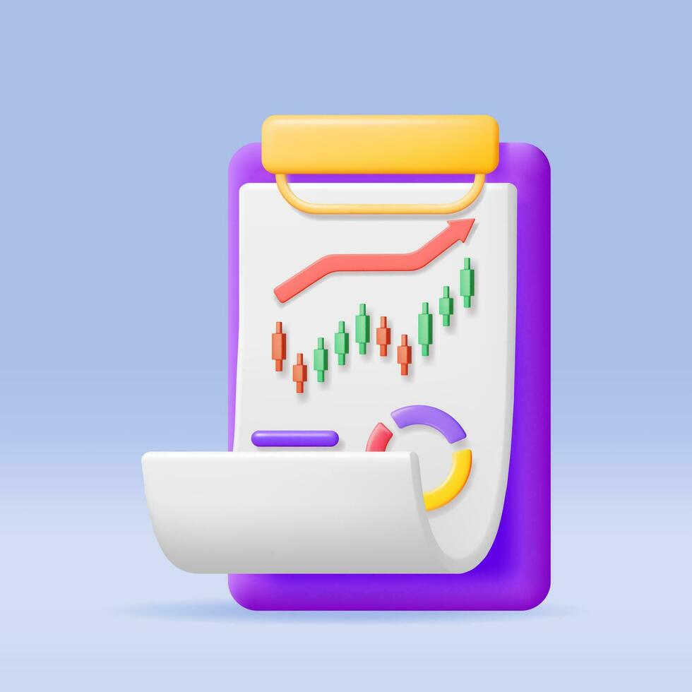 3d Zwischenablage Papier Blatt mit Kuchen Diagramm. machen Lager Kuchen zeigt an Wachstum oder Erfolg. finanziell Artikel, Geschäft Investition, finanziell Markt Handel und Berichte. Geld und Banken. Vektor Illustration