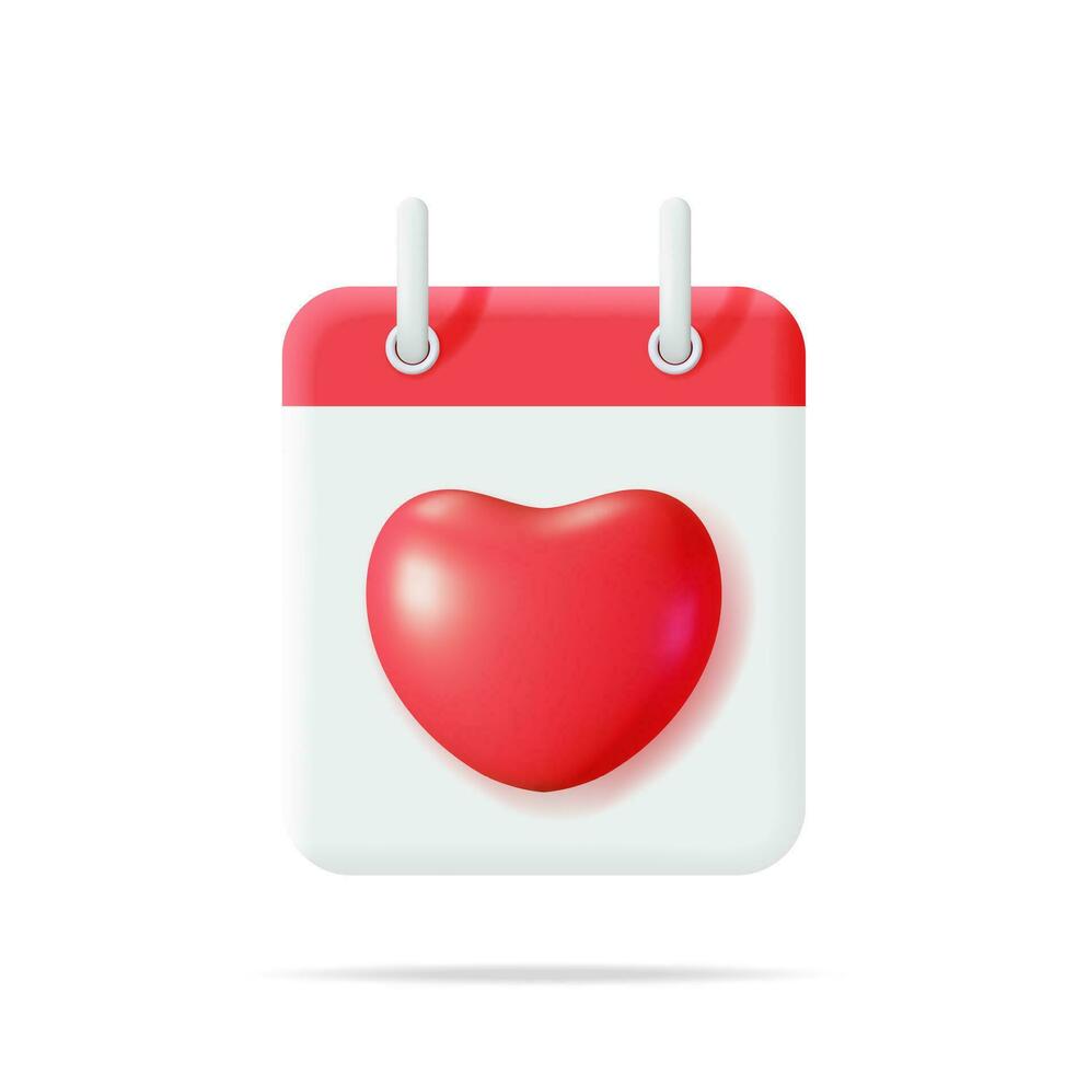 3d röd kalender med hjärta ikon isolerat. framställa papper kalender och hjärta form. bröllop planerare, födelsedag, valentines dag begrepp planerare schema. kvinna menstruations- cykel kalender. vektor illustration