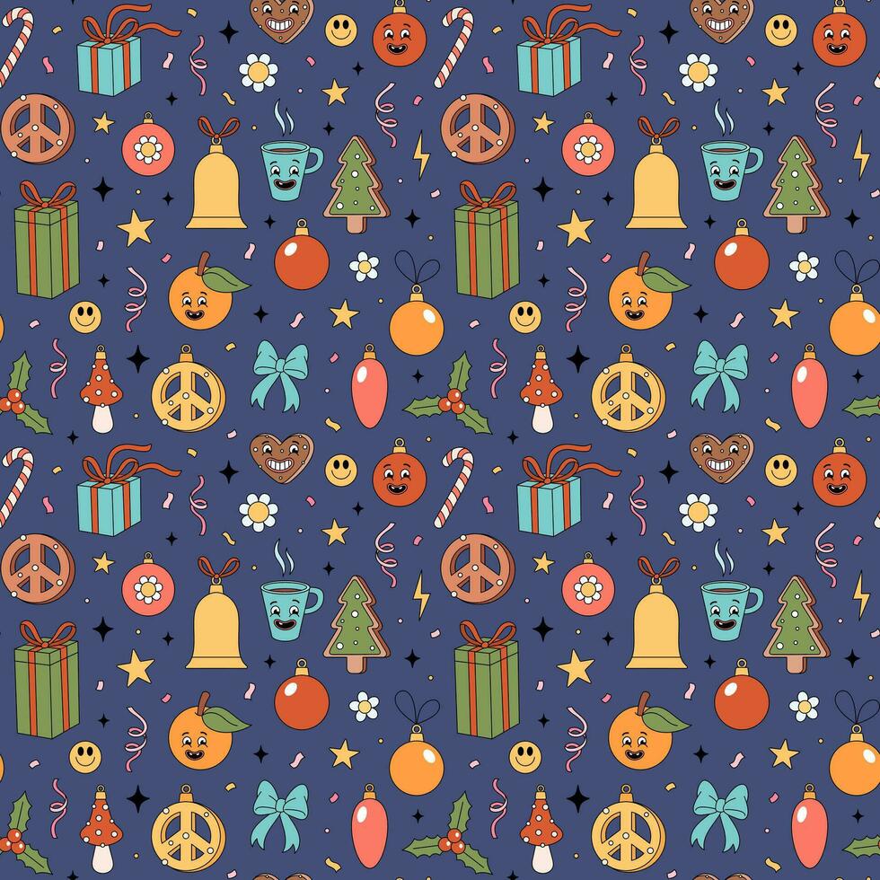 Weihnachten groovig Elemente Muster. groovig Hippie Urlaub Textur mit Weihnachten Objekte im retro 70er Jahre Stil. Vektor Hand gezeichnet Illustration auf dunkel Blau Hintergrund.