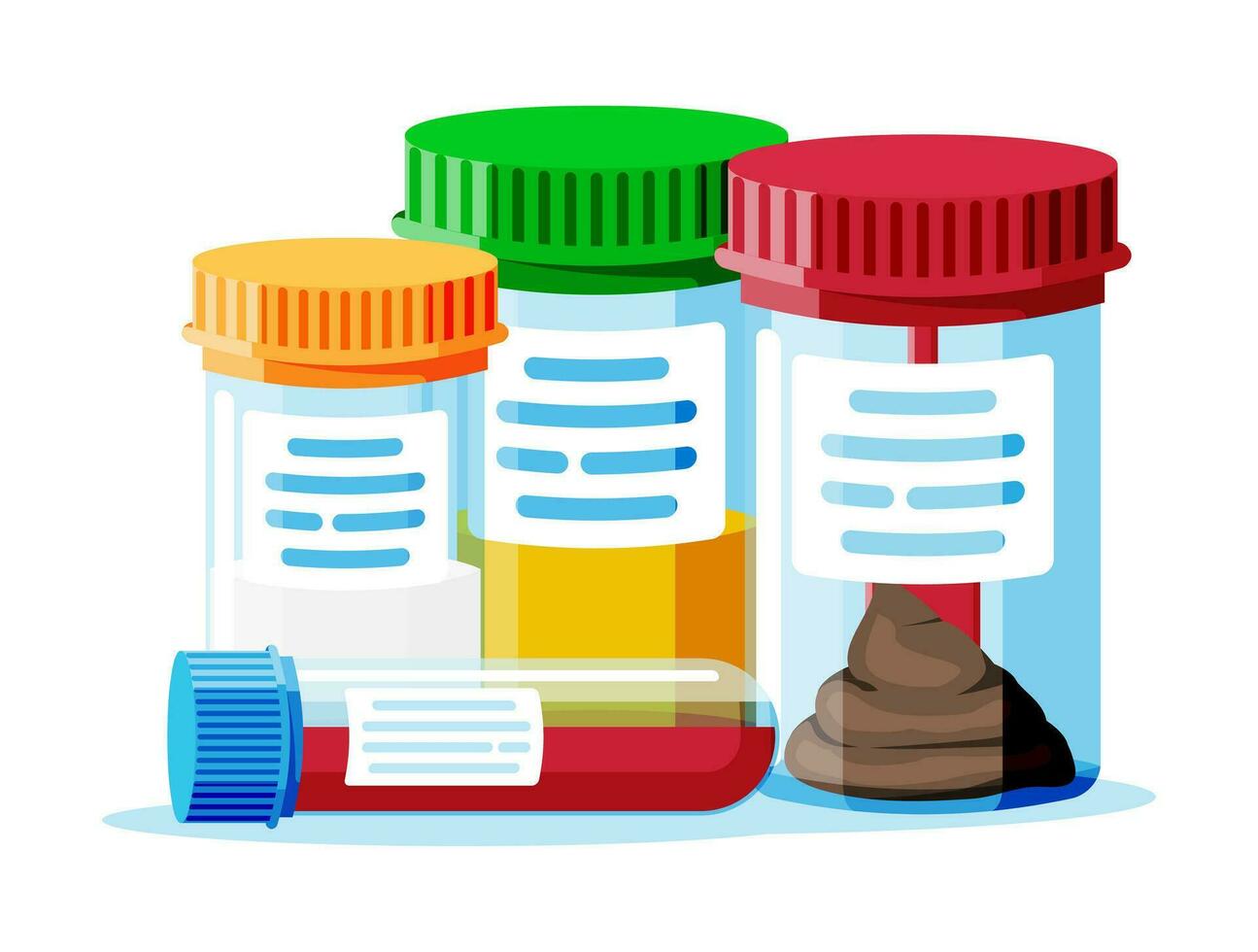 Prüfung Röhren mit Kappen. Schemel, Blut, Urin und Sperma. medizinisch Ausrüstung. Probe Tassen zum gynäkologisch Analyse. Plastik Behälter mit Biomaterial Analyse im Labor. eben Vektor Illustration