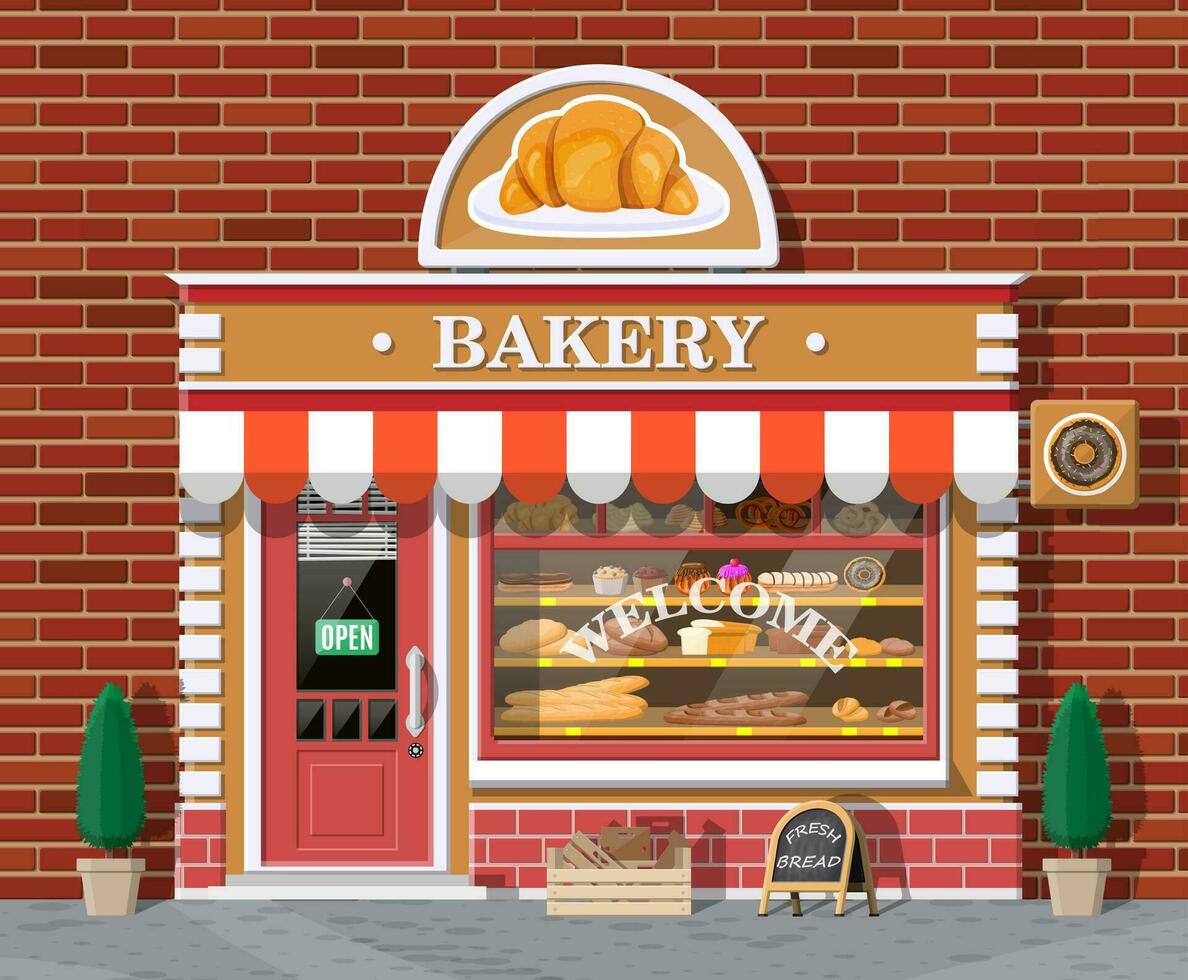 Bäckerei Geschäft Gebäude Fassade mit Schild. Backen speichern, Cafe, brot, Gebäck und Dessert Geschäft. Vitrinen mit verschiedene Brot und Kuchen Produkte. Markt oder Supermarkt. eben Vektor Illustration