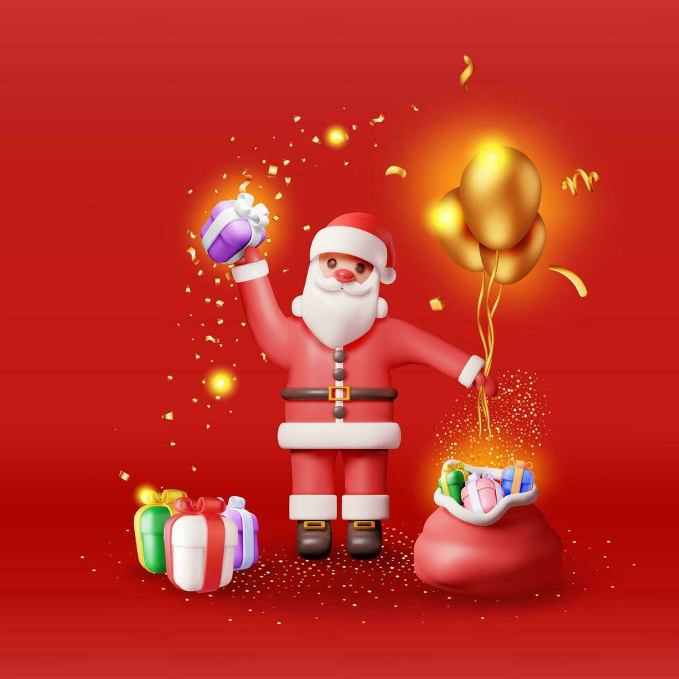 3d Santa claus mit Geschenk Tasche und Weihnachten Konfetti. machen glücklich Neu Jahr Dekoration. fröhlich Weihnachten Urlaub. Neu Jahr und Weihnachten Feier. realistisch Vektor Illustration