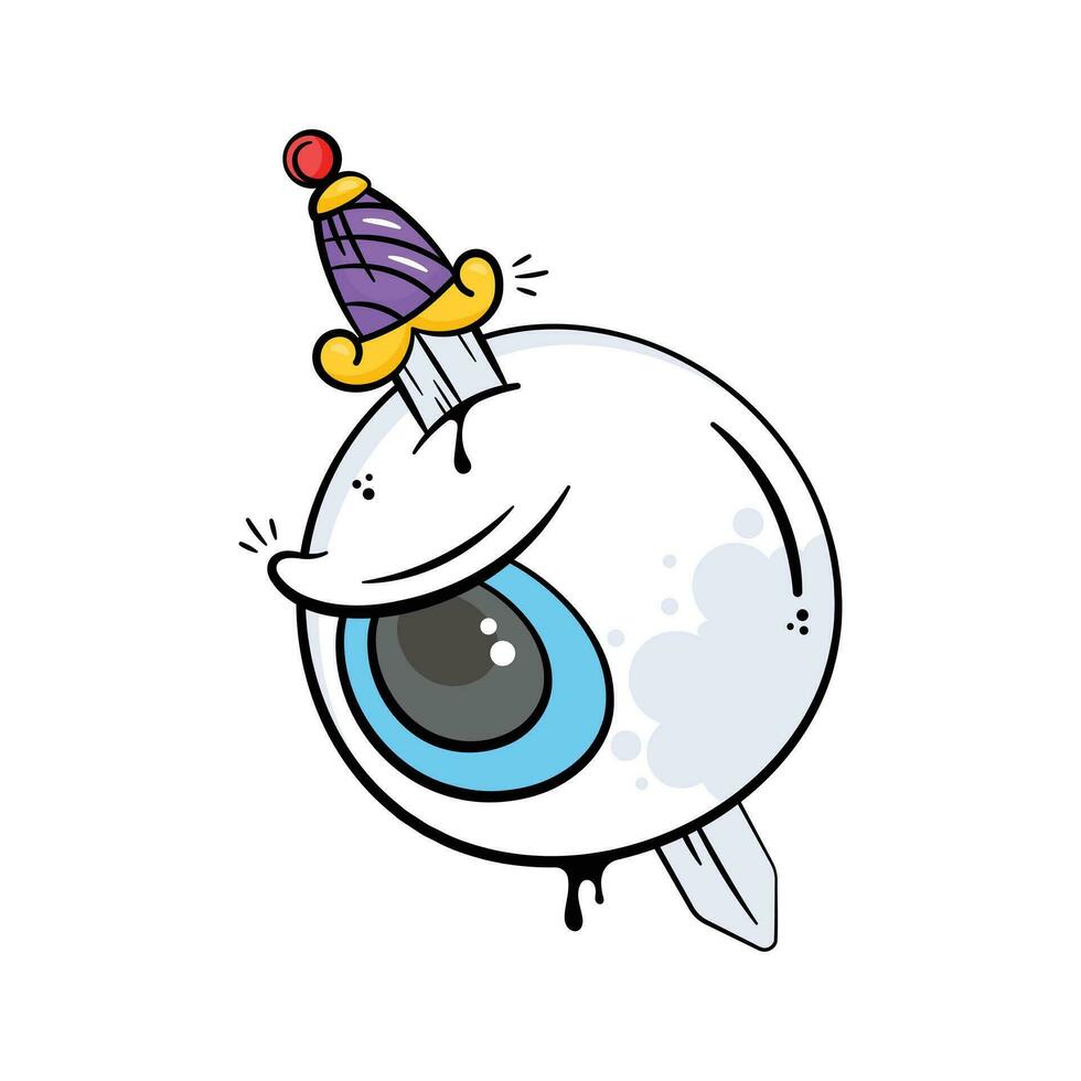tecknad serie stil teckning av ett eyeball med en fest hatt och en dolk vektor
