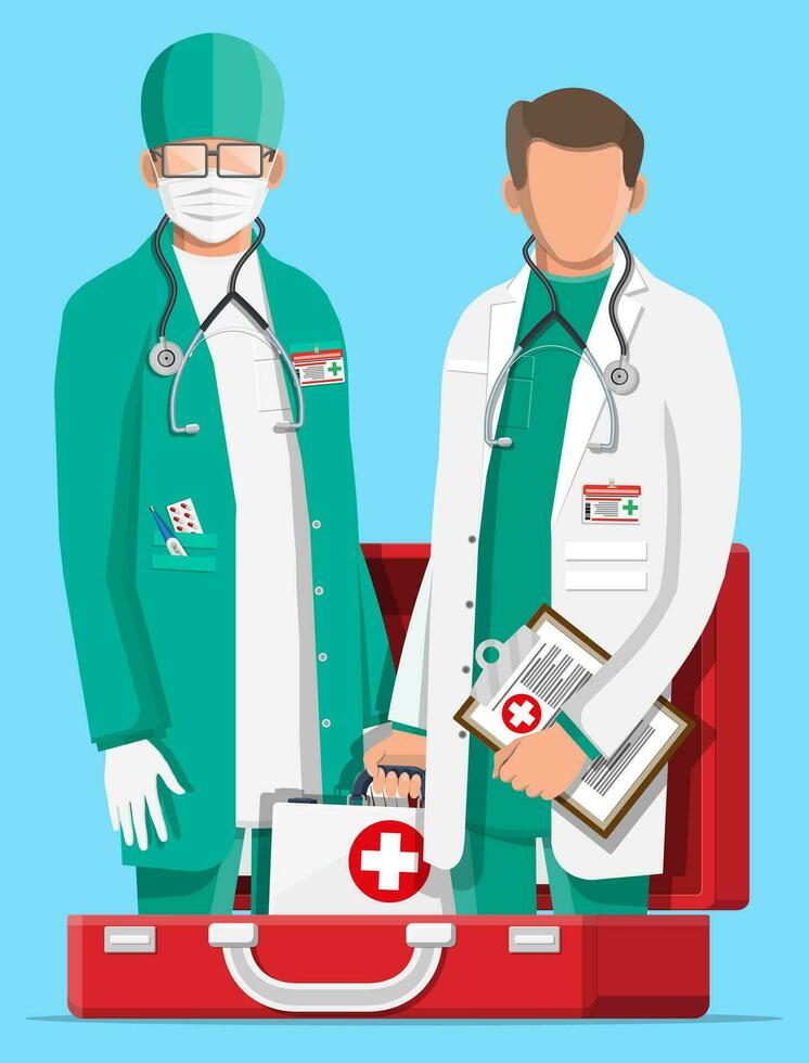 två doktorer i täcka med stetoskop i näve hjälpa utrustning. medicinsk kostym med annorlunda piller och medicinsk enheter i fickor. sjukvård personal, sjukhus och medicinsk diagnostik. platt vektor illustration