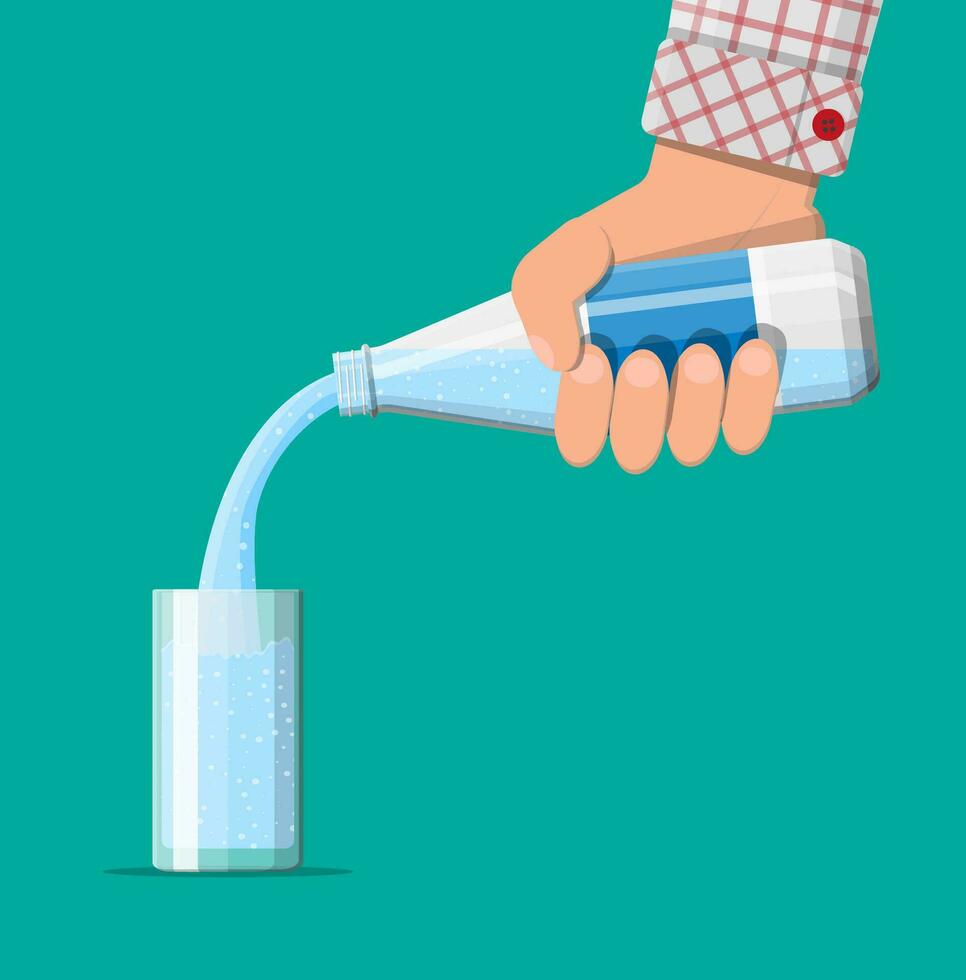 plast flaska i hand och glas av färsk ren mineral vatten. kolsyrad soda dryck. vektor illustration i platt stil