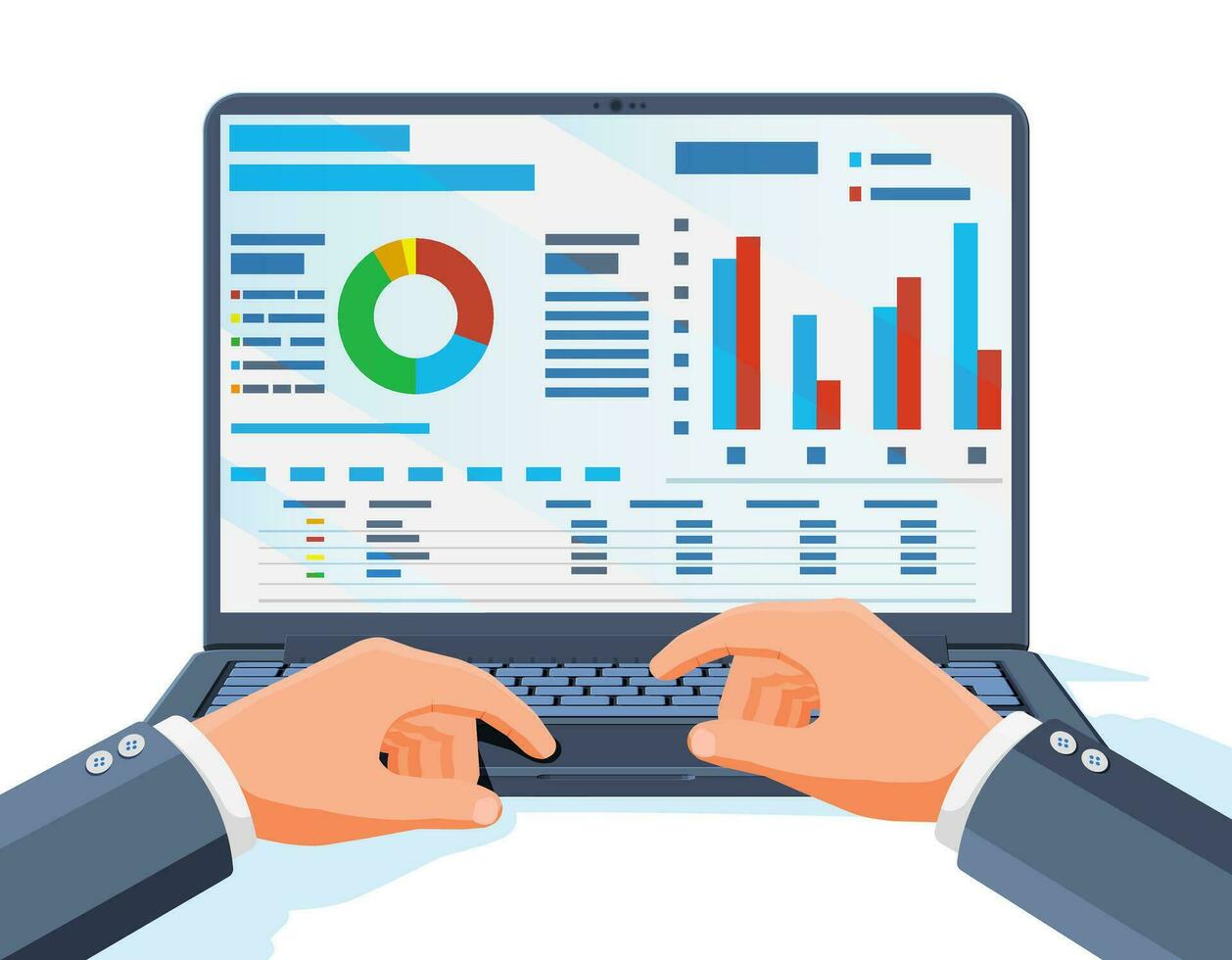 bärbar dator med statistisk eller analytisk information. analytiker eller revisor arbetssätt på anteckningsbok enhet. Diagram, paj, bar. dator med årlig Rapportera, kalkylblad data sammanfattning. platt vektor illustration