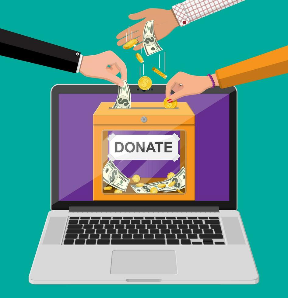donera uppkopplad begrepp. donation låda med gyllene mynt, dollar sedlar och bärbar dator. välgörenhet, donera, hjälp och hjälpa begrepp. vektor illustration i platt stil