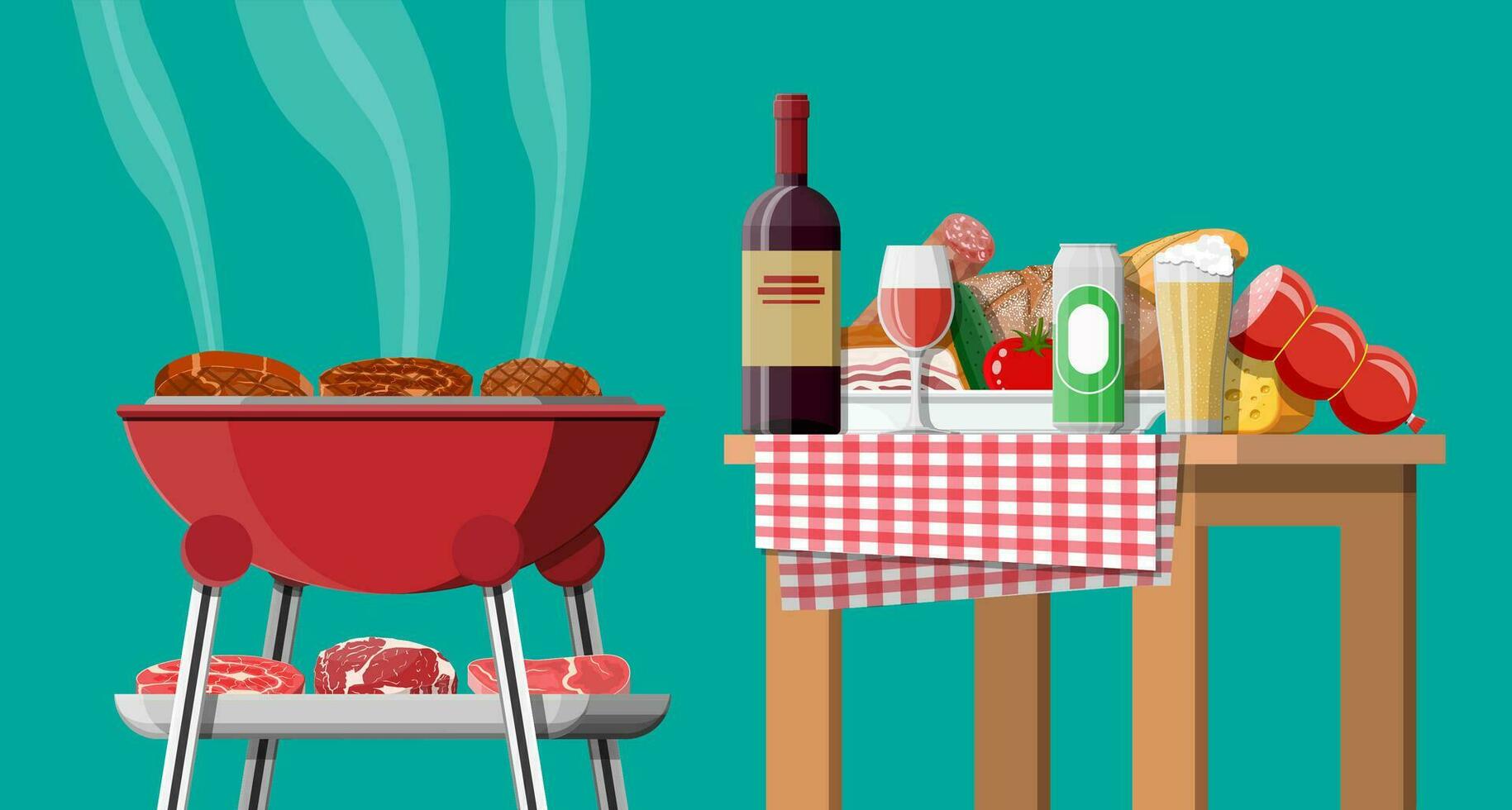 bbq fest eller picknick. tabell med flaska av vin, grönsaker, ost, kan av öl. elektrisk grill med utegrill. matlagning biff, kött och korvar, grillning bbq. vektor illustration platt stil