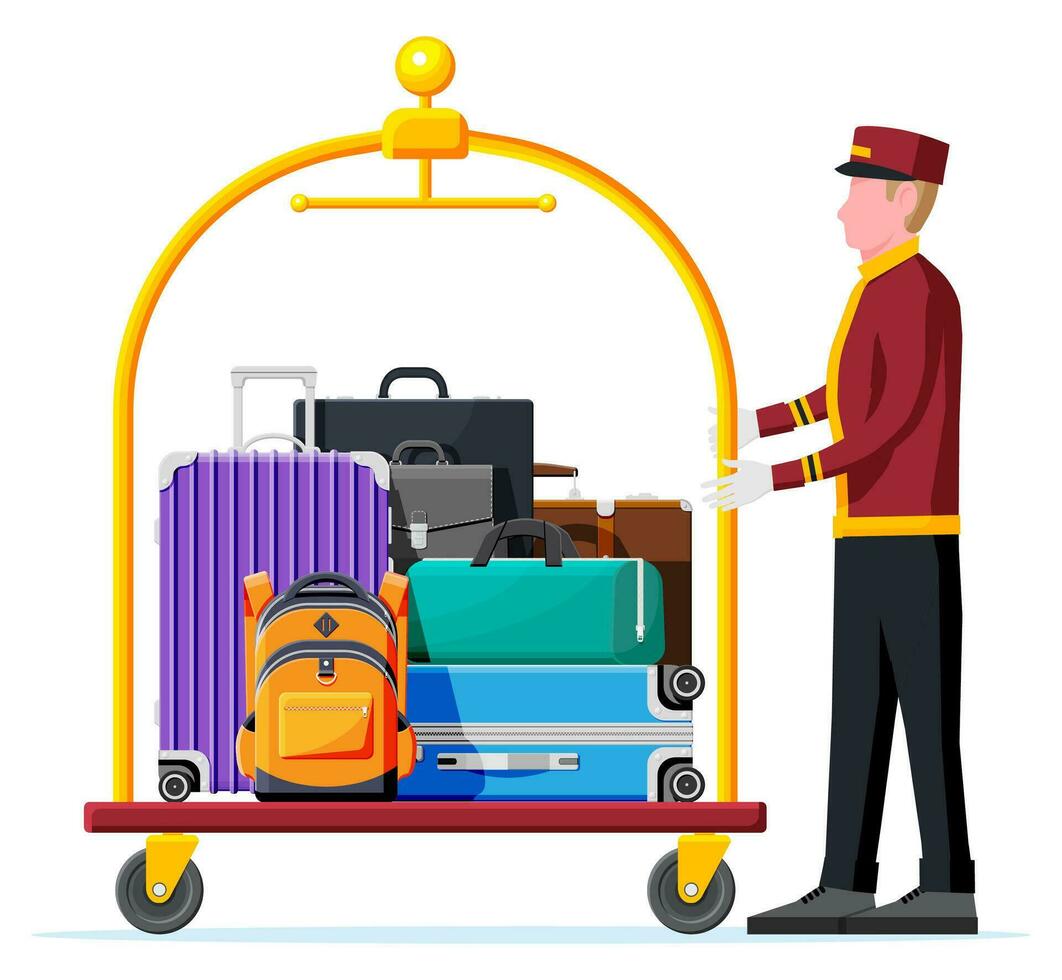 Hotel Gepäck Wagen und Hotelpage Charakter. Page Arbeiter mit Hotel Gepäck Wagen mit Taschen isoliert. Handtruck zum Transport im Hotel. Ferien und Reise. eben Vektor Illustration