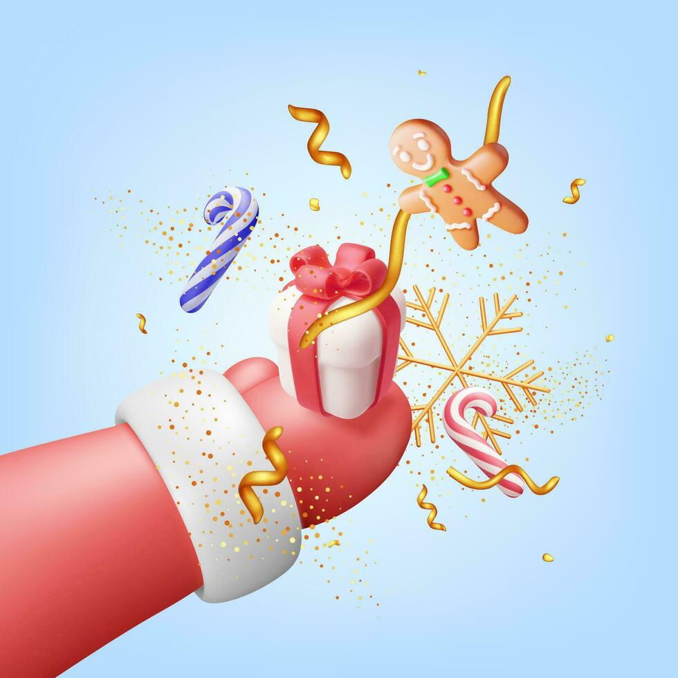 3d Weihnachten Santa Hand im rot Fäustling mit Geschenke. machen Weihnachten Stoff Handschuhe Banner. Hand Urlaub Dekorationen zum Geschenke. Neu Jahr und Weihnachten Feier. realistisch Vektor Illustration