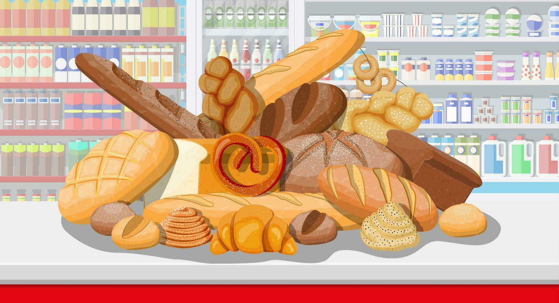 Brot Produkte im Einkaufen Einkaufszentrum Supermarkt Innere. ganze Getreide, Weizen und Roggen brot, Toast, Brezel, Ciabatta, Croissant, Bagel, Französisch Stangenbrot, Zimt Brötchen. eben Vektor Illustration