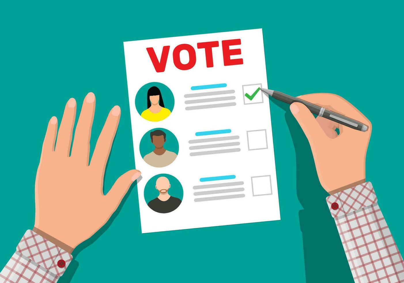 valsedel papper med kandidater. hand med penna och val räkningen. rösta dokumentera med ansikten. vektor illustration i platt stil