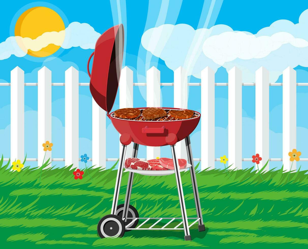 runda utegrill grill. bbq ikon. elektrisk grill. enhet för fräsning mat. färsk kött och biff. vektor illustration i platt stil