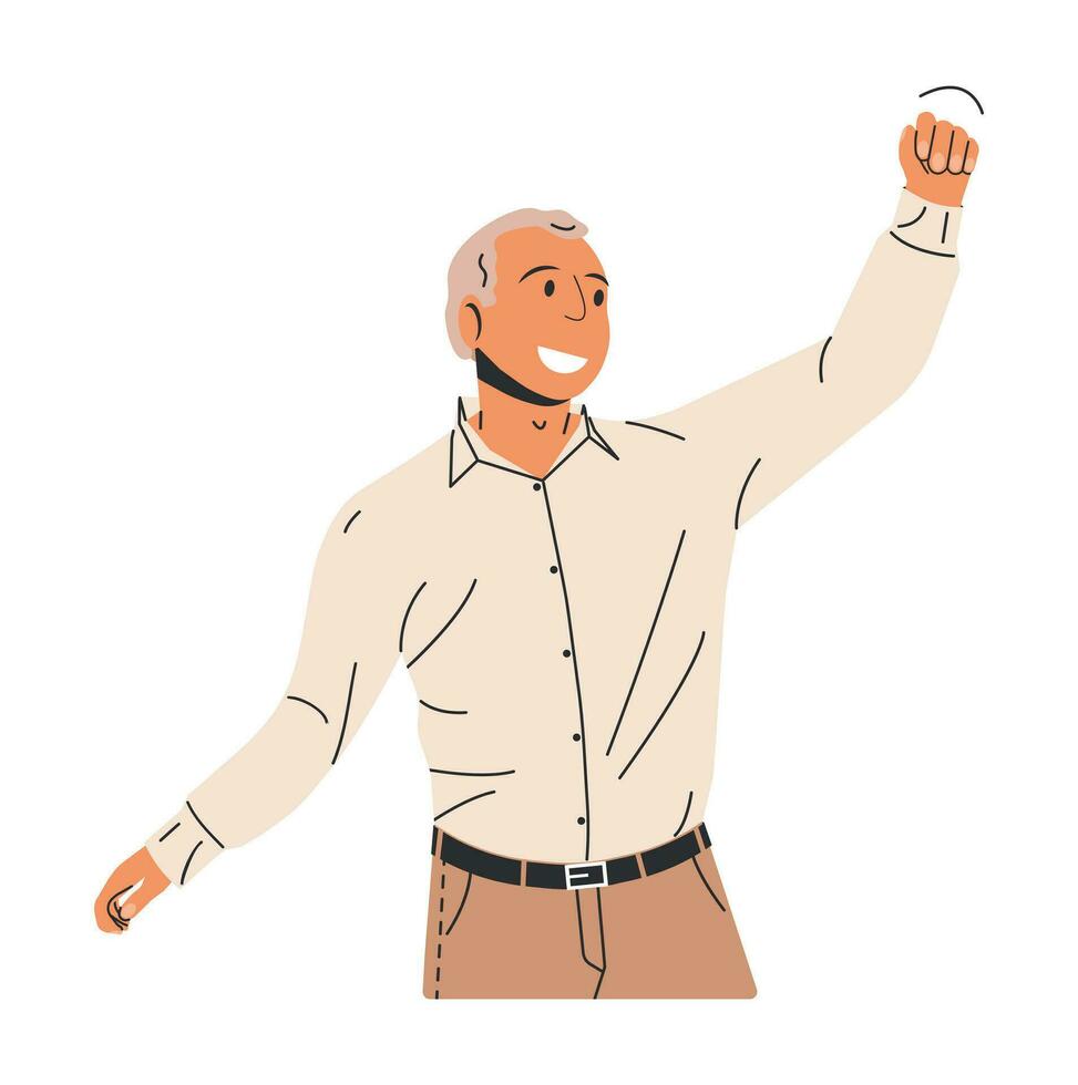 zuversichtlich Geschäftsmann mit hält Faust. glücklich Manager im Clever beiläufig tragen Stehen und gestikulieren Ja. aufgeregt Mann drückt aus seine Freude angehoben seine Hand hoch. positiv Emotionen. eben Vektor Illustration