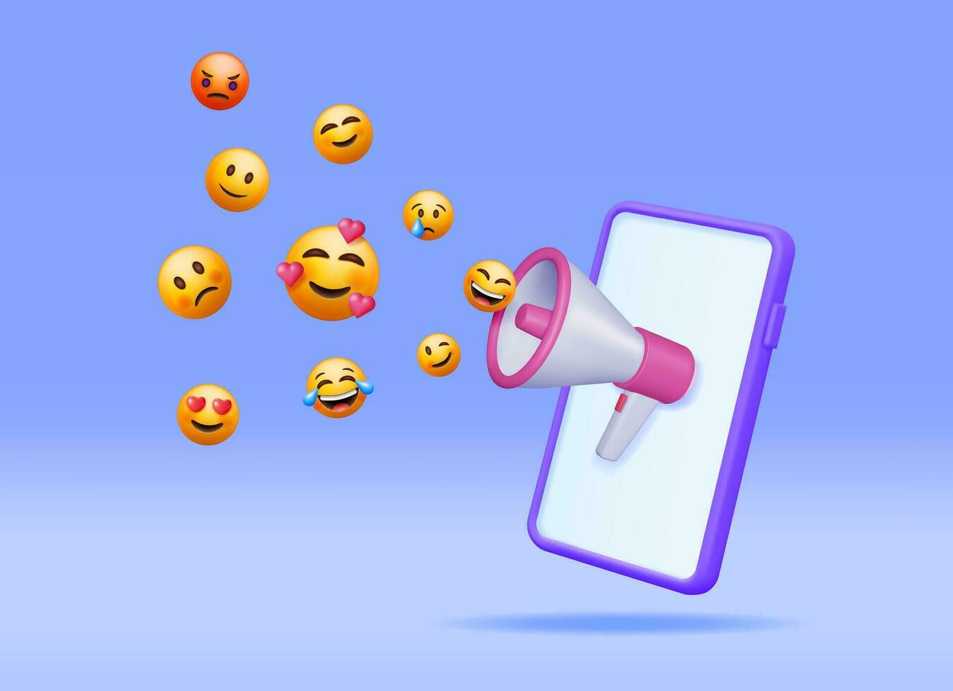 3d Megaphon mit Emoticons und Smartphone. machen Telefon Lautsprecher mit Gesichter mit verschiedene Emotionen und Ausdruck. Sozial Medien Konzept. Sozial Netzwerk Ankündigung Botschaft. Vektor Illustration