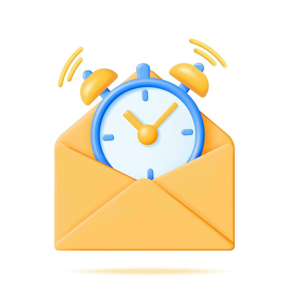 3d Mail Briefumschlag mit Uhr Benachrichtigung Neu Botschaft isoliert. machen Papier Brief Symbol mit Benachrichtigung Alarm Uhr. Neu oder ungelesen Email. Nachricht, Kontakt, Brief und dokumentieren. Vektor Illustration