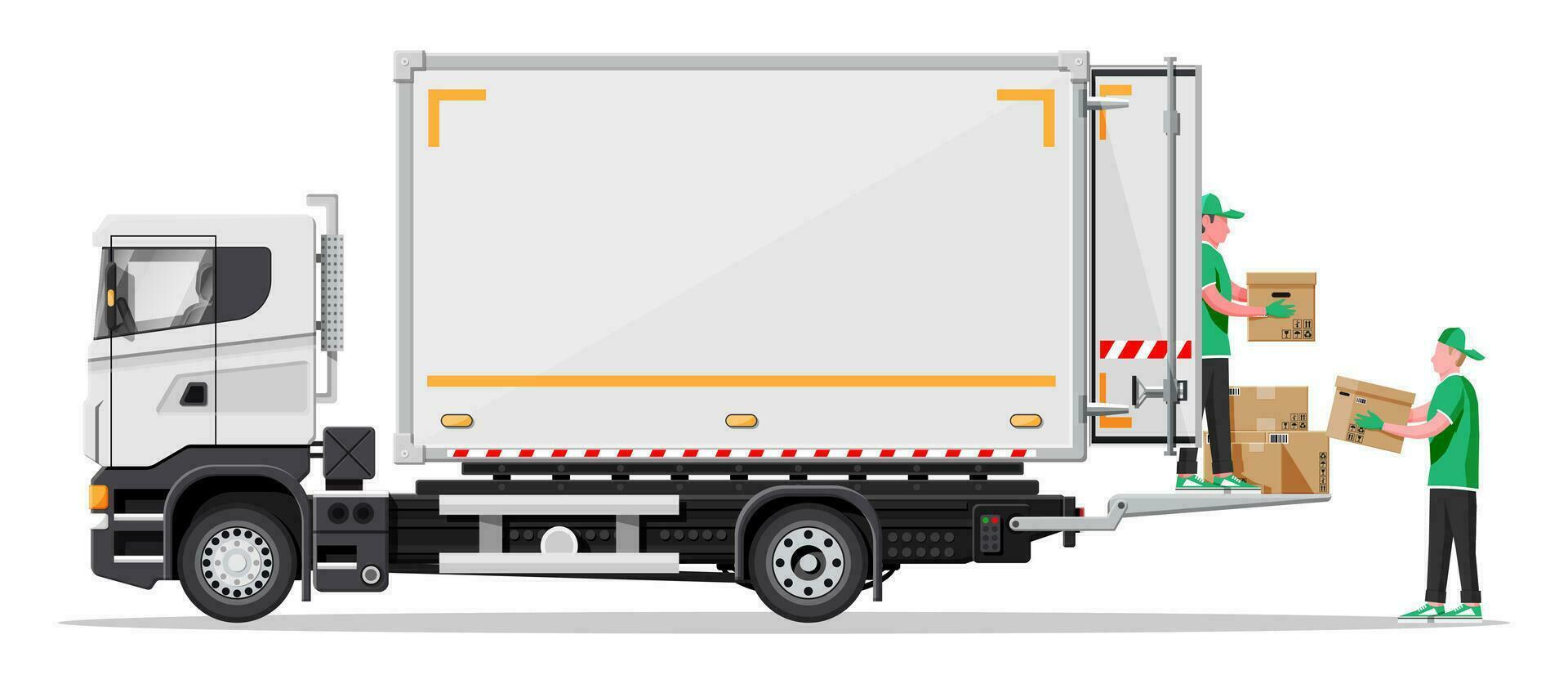 lastbil trailer lastad med kartong lådor förbi flyttare. leverans skåpbil med lugg av lådor. uttrycka leverera tjänster kommersiell lastbil. snabb och fri leverans. frakt logistik. platt vektor illustration