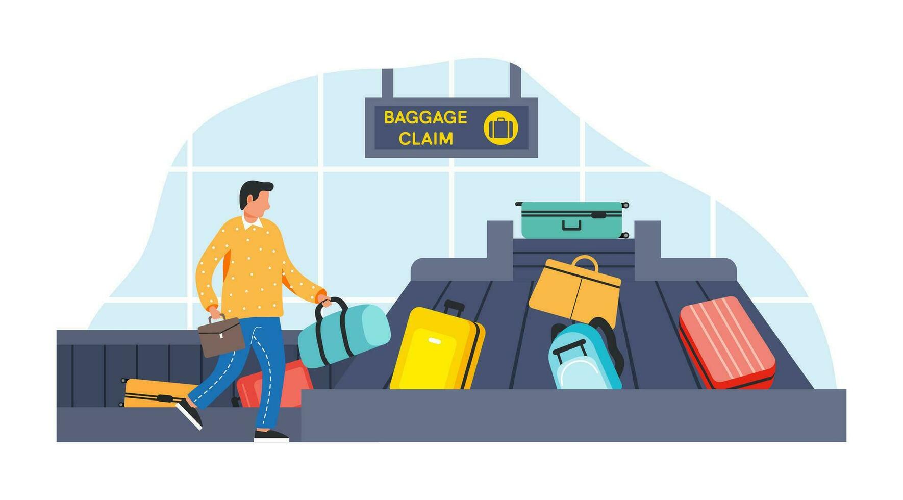 bagage karusell mot i flygplats. transportband bälte med passagerare bagage. bagage krav i flygplats isolerat. passagerare ta deras bagage från tåg eller flygplats terminal. platt vektor illustration