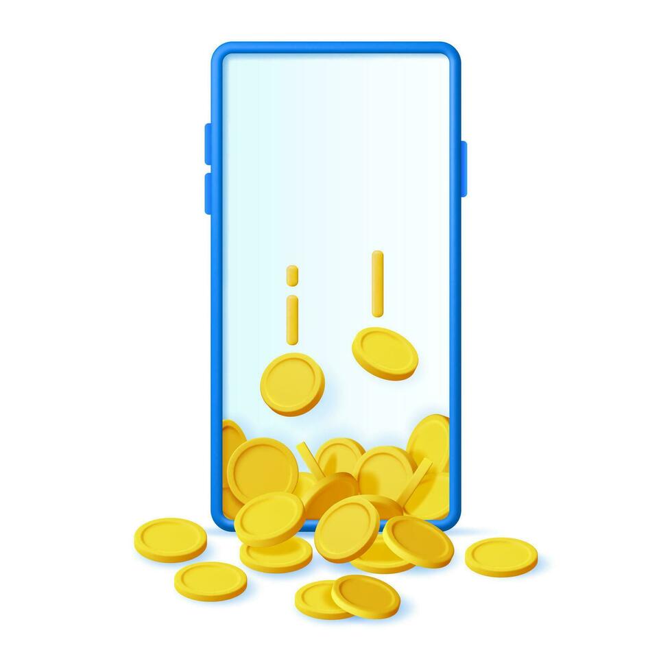 3d Smartphone und Geld Innerhalb isoliert. machen Handy, Mobiltelefon Telefon mit Gold Münze. Handy, Mobiltelefon online Zahlung und überweisen. Finanzen, Investition, Geld sparen. Internet Kasino. Vektor Illustration