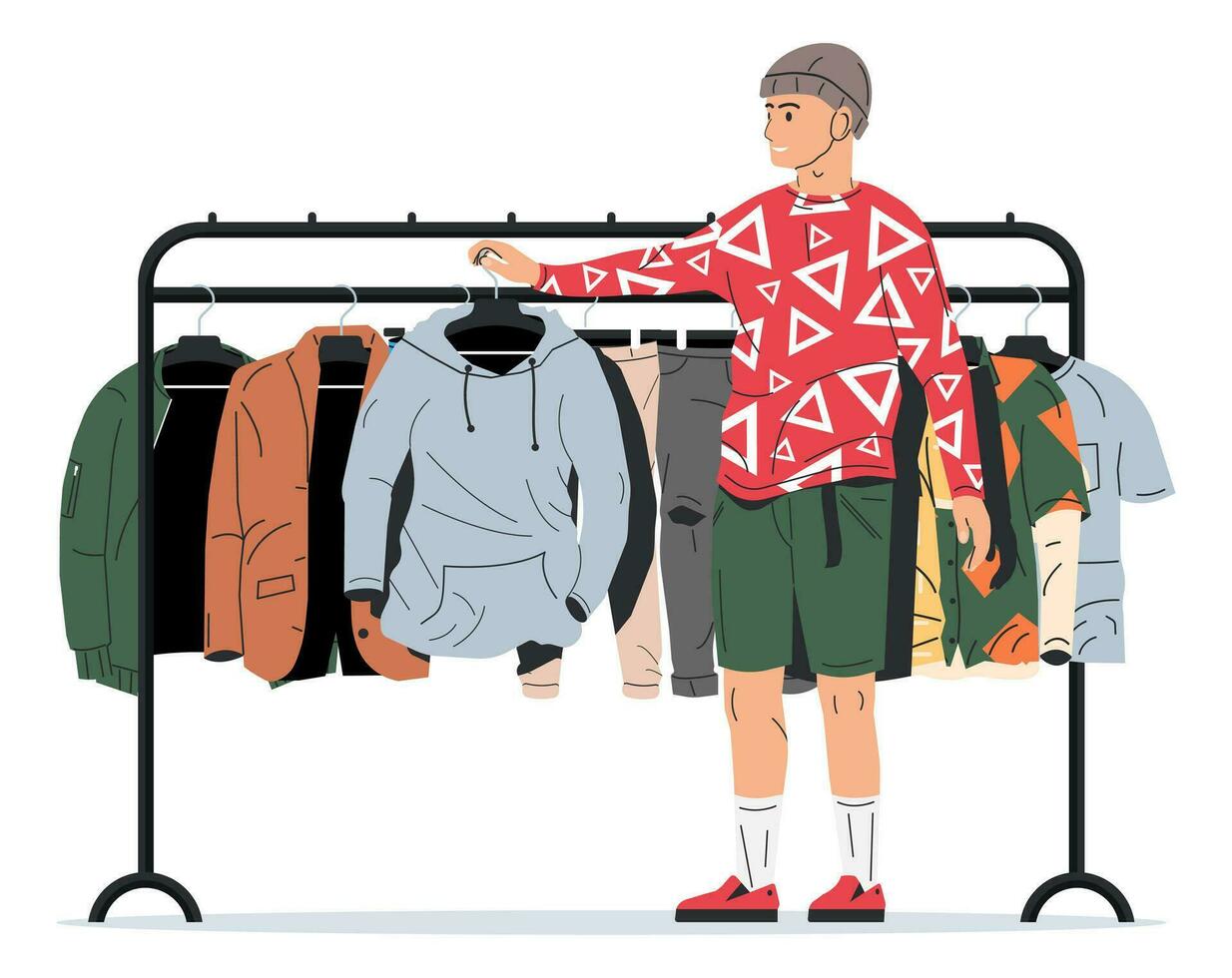 man nära kuggstång med kläder. herr kläder på galge. Hem eller affär garderob. kläder och Tillbehör. olika hängande Kläder. jacka, skjorta, jeans, byxor. tecknad serie platt vektor illustration