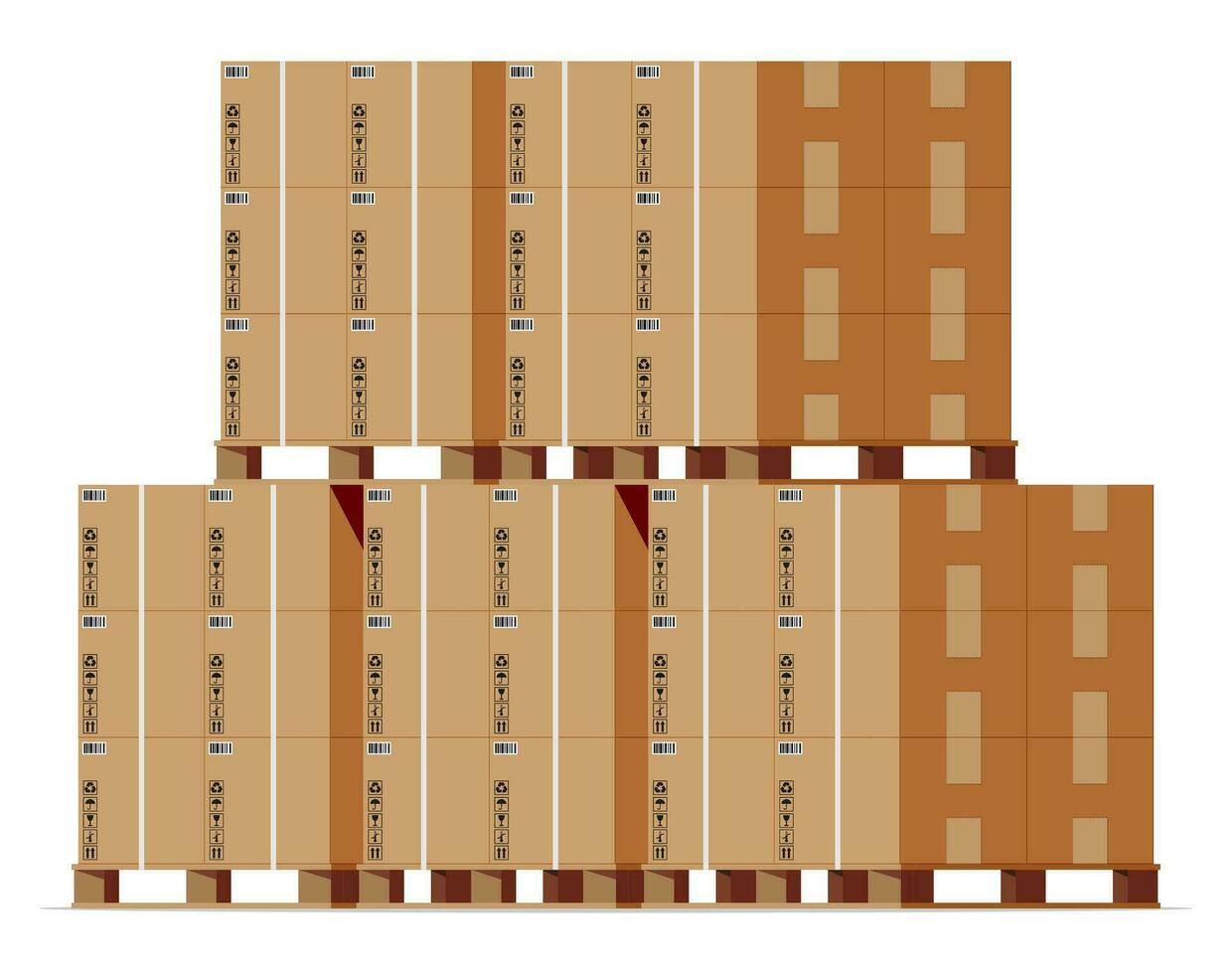 kartong lådor lugg på trä- lastpall isolerat på vit. kartong leverans förpackning stängd, sluten, kubisk, stor och små låda med ömtålig tecken. vektor illustration i platt stil