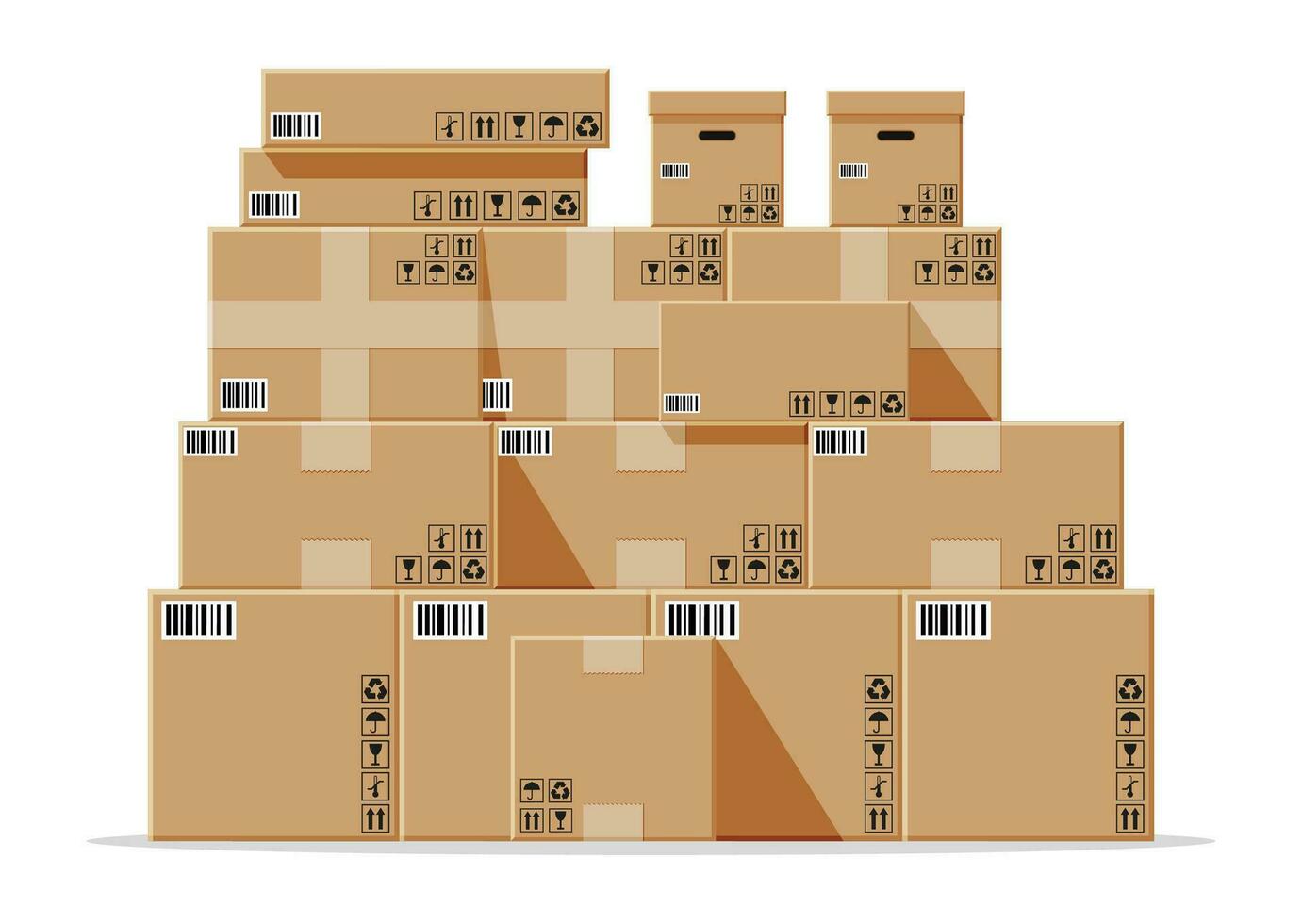 Karton Kisten Stapel isoliert auf Weiß. Karton Lieferung Verpackung geschlossen, versiegelt, kubisch, groß und klein Box mit fragil Zeichen. Vektor Illustration im eben Stil