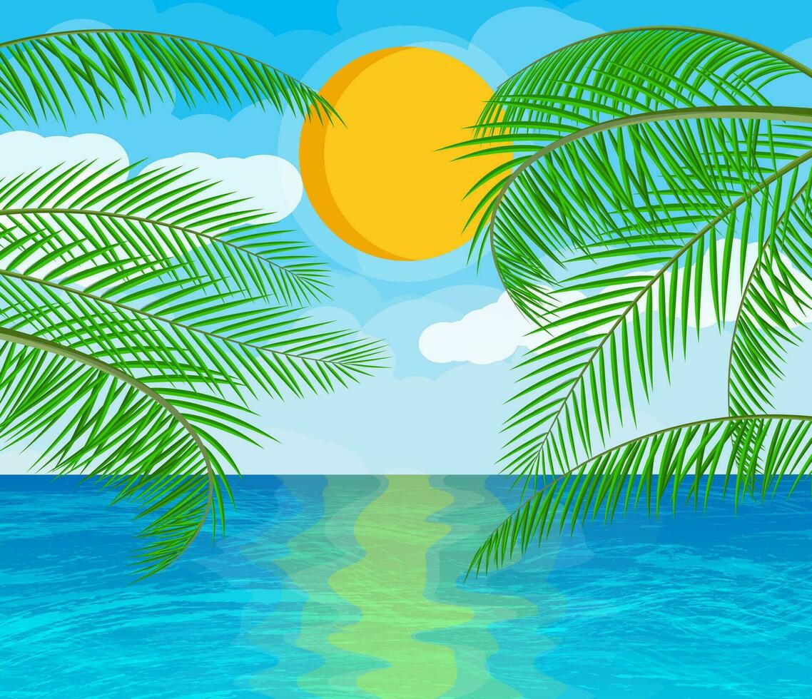 Landschaft von Palme Baum auf Strand. Sonne mit Betrachtung im Wasser und Wolken. Tag im tropisch Ort. Vektor Illustration im eben Stil