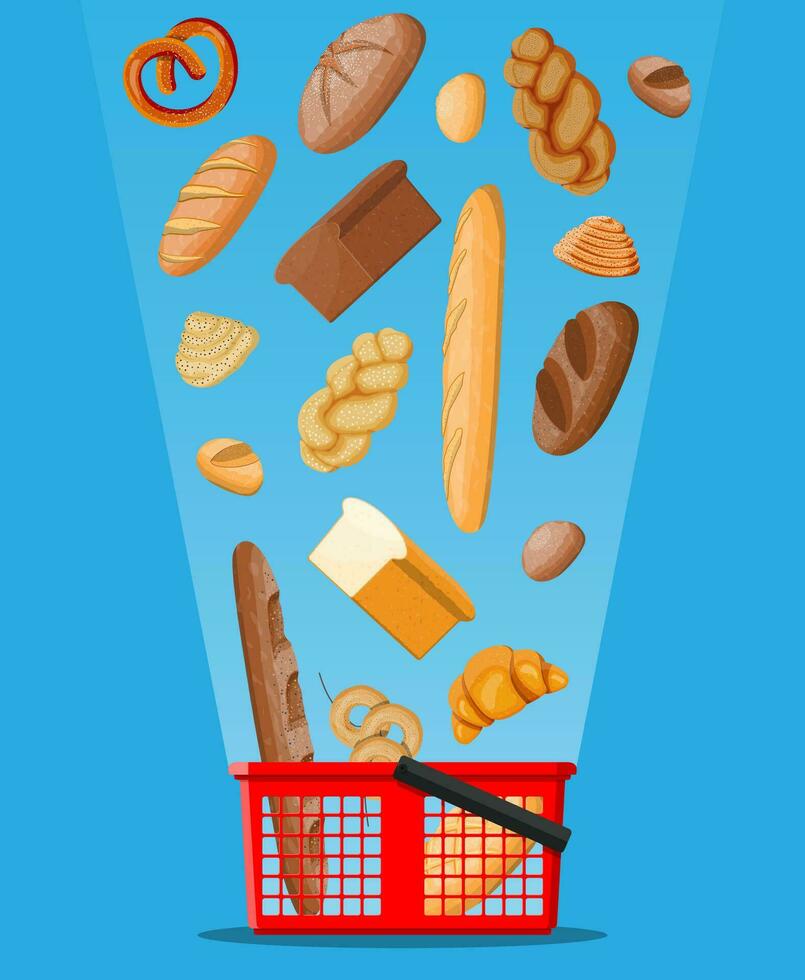 bröd ikoner och handla korg. hela spannmål, vete och råg bröd, rostat bröd, pretzel, ciabatta, croissant, bagel, franska baguette, kanel bulle. vektor illustration i platt stil