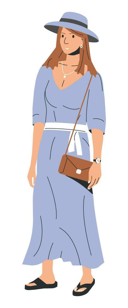 Frau im Sommer- Kleider und Hut isoliert. modern Mädchen im modisch beiläufig Outfit. glücklich weiblich Charakter tragen Mode Sommer- Kleid, Panama, Sandalen und Kupplung Tasche. Karikatur eben Vektor Illustration