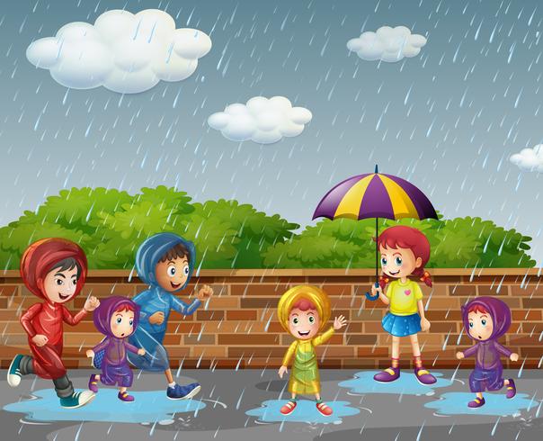 Många barn springar i regnet vektor