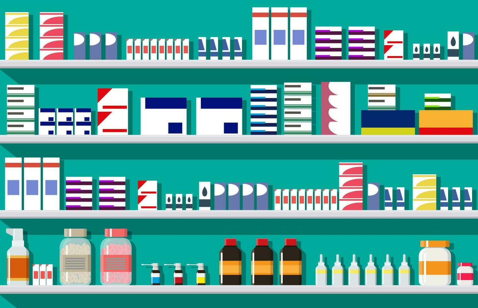 modern interiör av apotek. medicin piller kapslar flaskor vitaminer och tabletter. apotek monter. hyllor med mediciner. medicinsk läkemedel, vitamin, antibiotikum sjukvård. platt vektor illustration