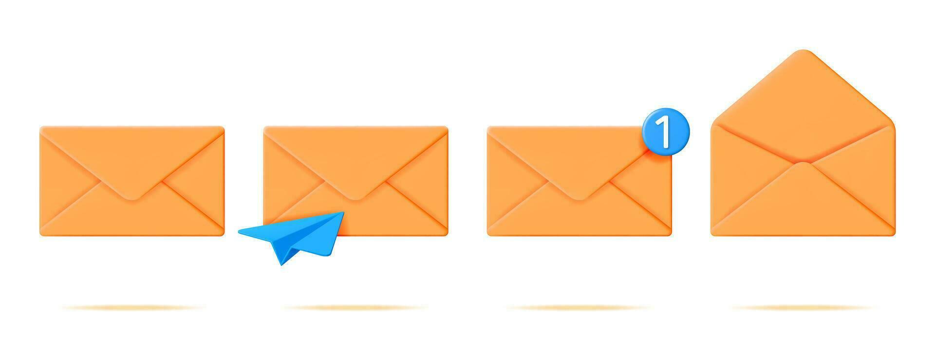 3d Gelb öffnen und geschlossen Mail Briefumschlag einstellen isoliert auf Weiß. machen Papier Briefumschlag Symbol. Konzept von Neu oder ungelesen Email Benachrichtigung. Nachricht, Kontakt, Brief und dokumentieren. Vektor Illustration