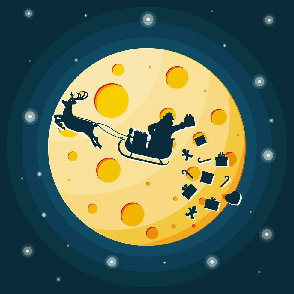 Santa claus auf Schlitten voll von Geschenke und seine Rentier. Santa Tropfen Weihnachten die Geschenke. glücklich Neu Jahr Dekoration. fröhlich Weihnachten Urlaub. Neu Jahr und Weihnachten Feier. Silhouette Vektor Illustration