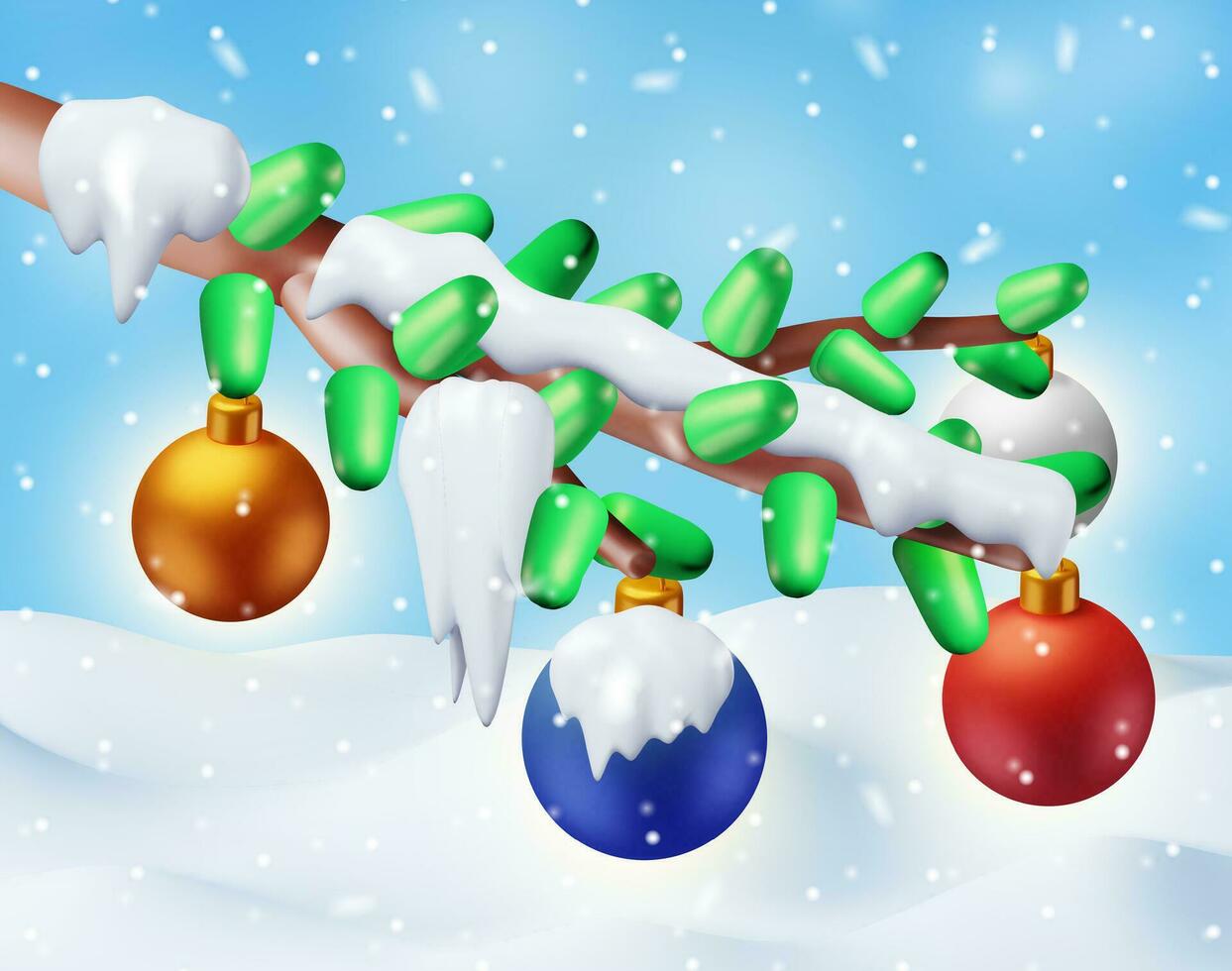 3d Weihnachten Baum Geäst und hängend Glas Bälle im Schnee. machen Glas Spielzeug Kugeln. glücklich Neu Jahr Dekoration. fröhlich Weihnachten Urlaub. Neu Jahr und Weihnachten Feier. Vektor Illustration