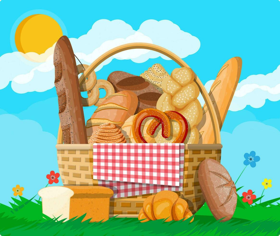 Brot im Korbweide Korb. Natur Gras Blumen Wolke und Sonne. ganze Getreide, Weizen und Roggen brot, Toast, Brezel, Ciabatta, Croissant, Bagel, Französisch Stangenbrot, Zimt Brötchen. Vektor Illustration eben Stil