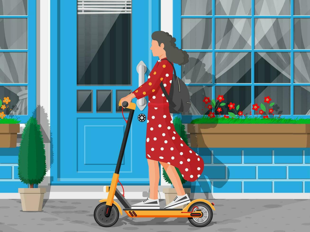 ung kvinna på sparka skoter. flicka med ryggsäck rullande på elektrisk skoter. hipster karaktär användningar modern urban transport. ekologisk, bekväm stad transport. tecknad serie platt vektor illustration