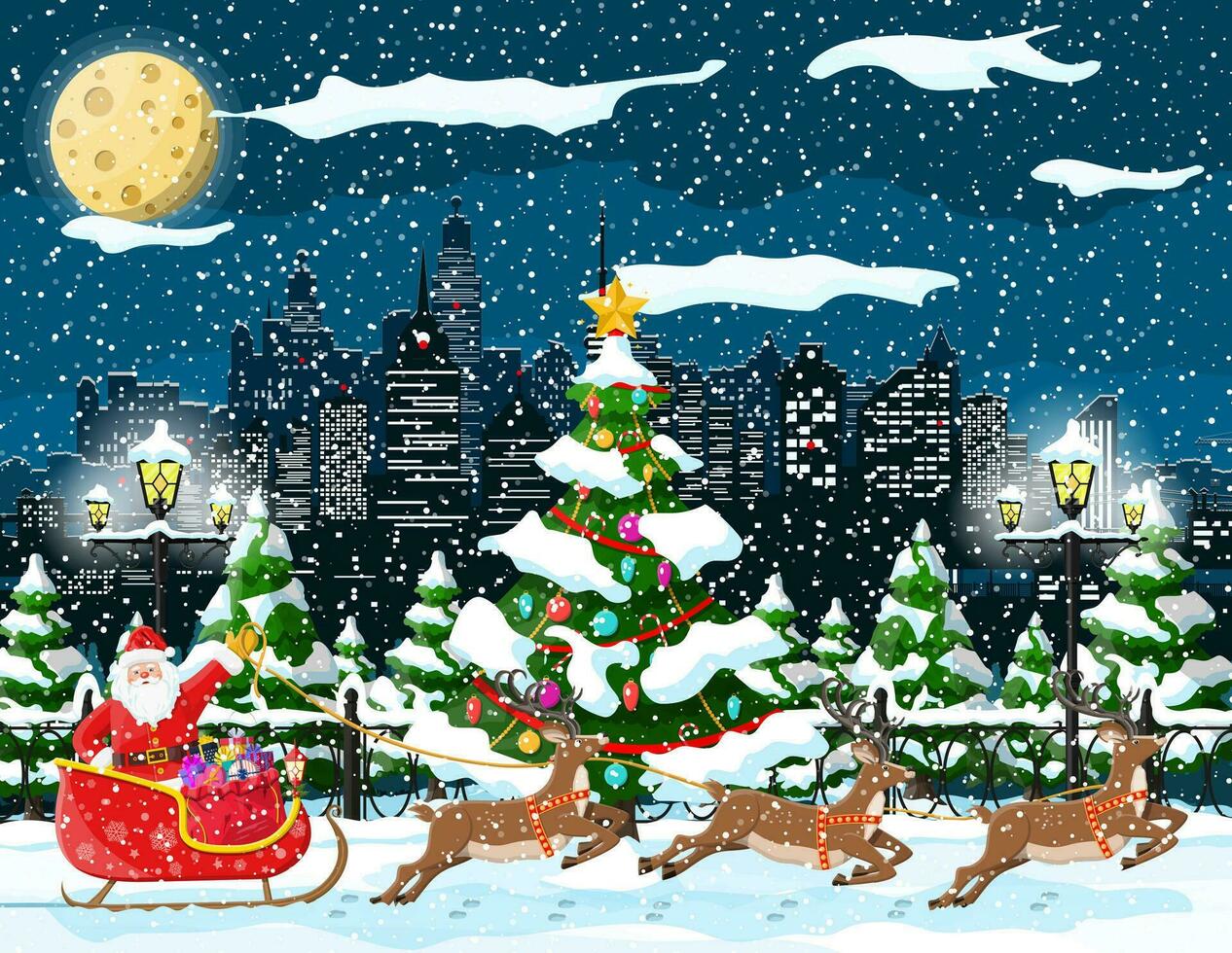 santa claus rider ren släde. jul vinter- stadsbild, gran träd, byggnader. Lycklig ny år dekoration. glad jul Semester. ny år och xmas firande. vektor illustration platt stil