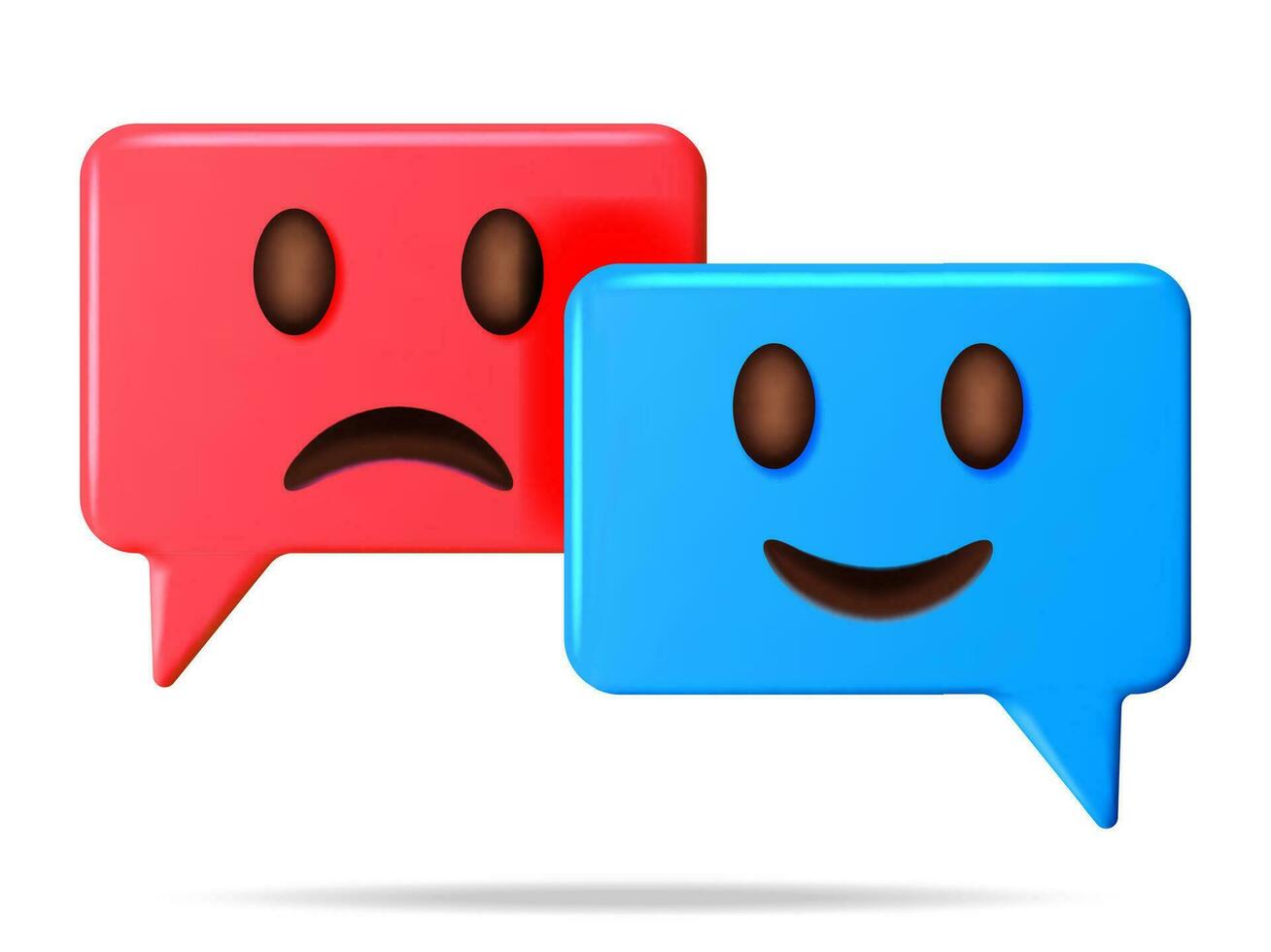 3d Lycklig och ledsen uttryckssymbol på Tal bubbla isolerat. framställa leende och olycklig emoji. Lycklig och ledsen leende ansikte. kommunikation, webb, social nätverk media, app knapp. realistisk vektor illustration