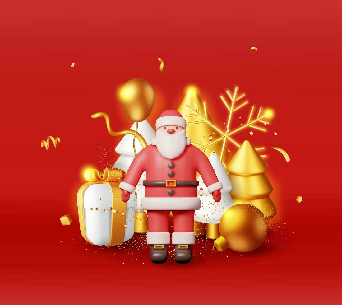 3d Santa claus und Gold Weihnachten Baum. machen glücklich Neu Jahr Dekoration Banner. fröhlich Weihnachten Urlaub. Neu Jahr und Weihnachten Feier. realistisch Vektor Illustration