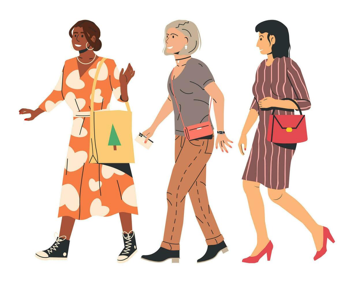 Beste freunde Frauen von anders Ethnien gehen Einkaufen. lächelnd Freundinnen mit Taschen. stilvoll Mädchen im Sommer- Kleid isoliert. lächelnd weiblich Gruppe im beiläufig Kleidung. eben Vektor Illustration