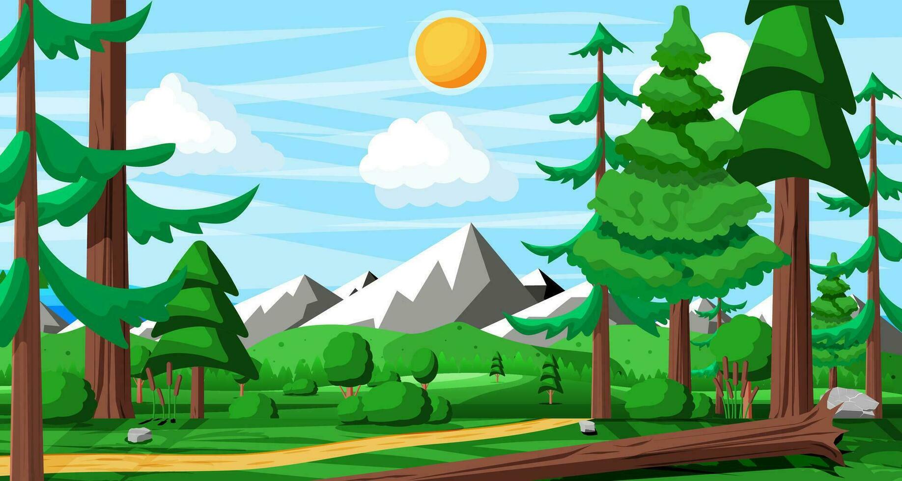 landskap av bergen och grön kullar. sommar natur landskap med stenar, skog, gräs, Sol, himmel och moln. nationell parkera eller natur boka. vektor illustration i platt stil