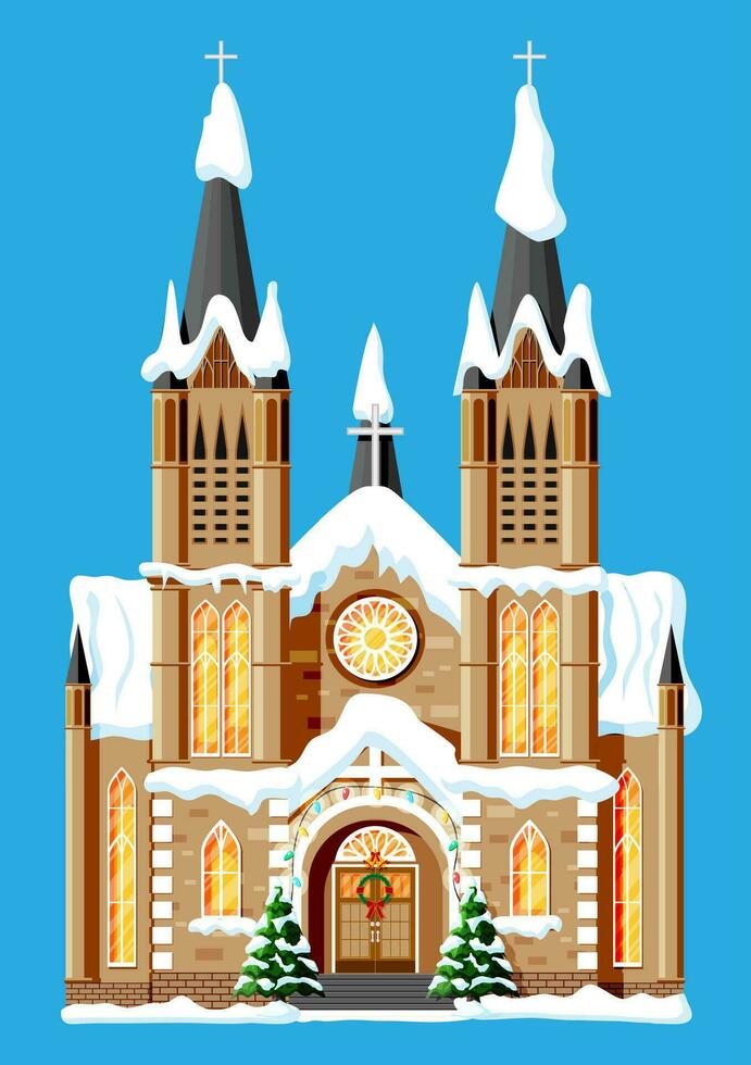 Kirche bedeckt Schnee. Kapelle Gebäude im Urlaub Ornament. Weihnachten Baum Fichte, Kranz. glücklich Neu Jahr Dekoration. fröhlich Weihnachten Urlaub. Neu Jahr und Weihnachten Feier. eben Vektor Illustration