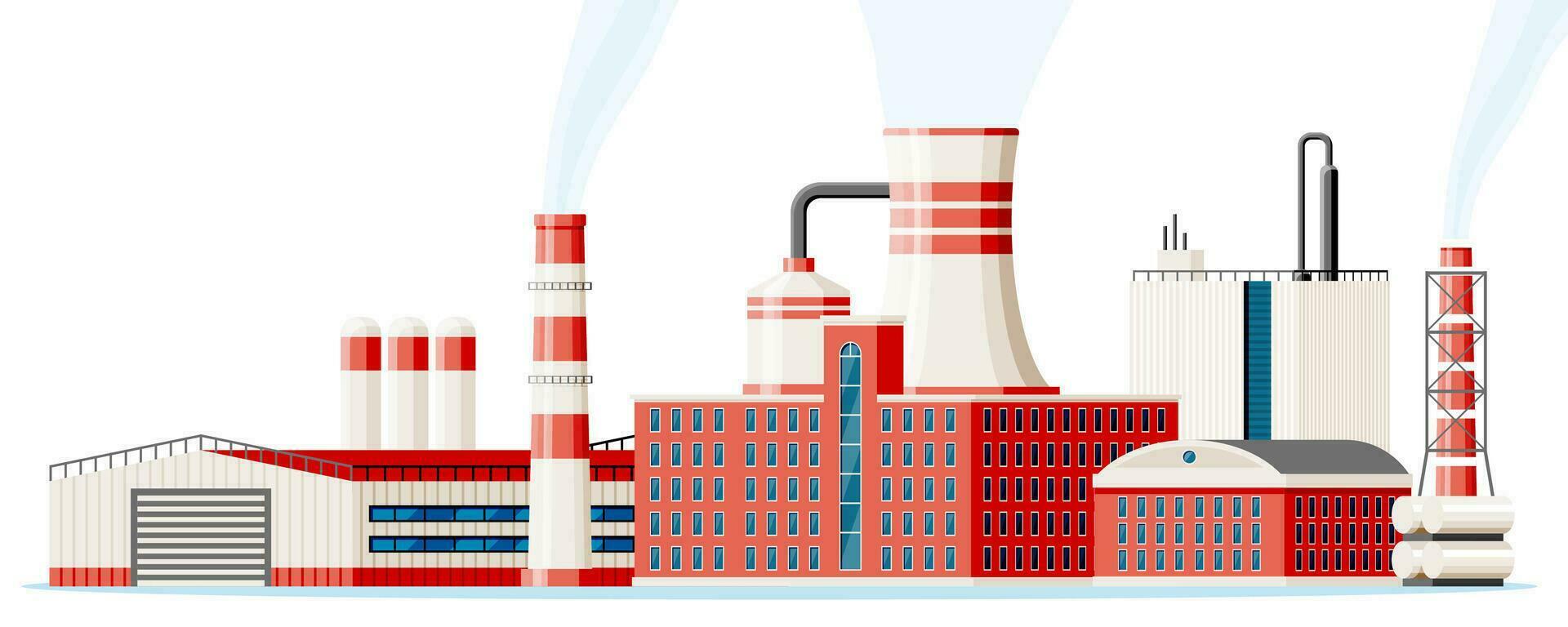 Fabrik Symbol Gebäude. industriell Fabrik, Leistung Pflanze. Rohre, Gebäude, Lagerhaus, Lager Panzer. Herstellung oder wird bearbeitet Einrichtung. Ingenieurwesen Haus. Vektor Illustration im eben Stil