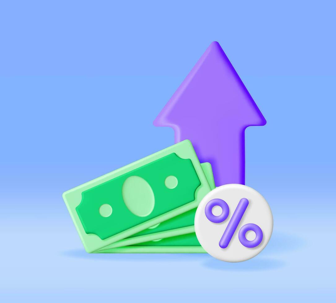 3d tillväxt stock Diagram pil med dollar. framställa stock pil med pengar och procentsats symbol. finansiell Artikel, företag investering finansiell marknadsföra handel. pengar och bankverksamhet. vektor illustration