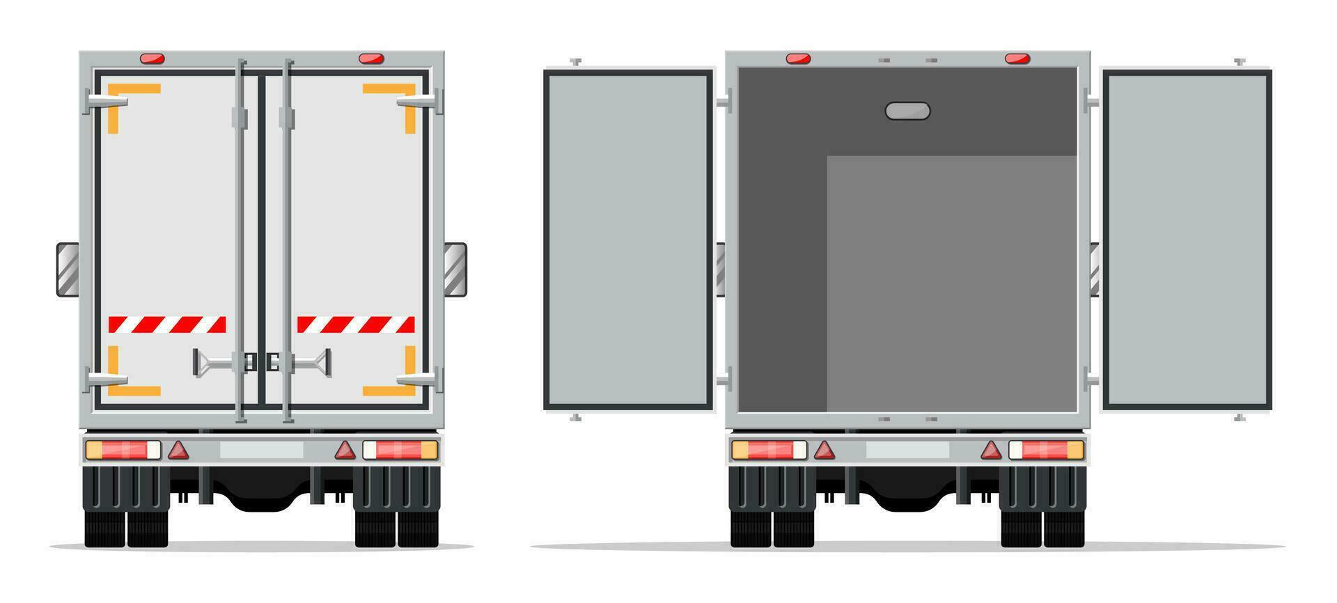 lastbil trailer bak- se sida med stängd och öppen dörrar. leverans skåpbil isolerat. uttrycka leverera tjänster kommersiell lastbil. snabb och fri leverans förbi bil. frakt logistik. platt vektor illustration