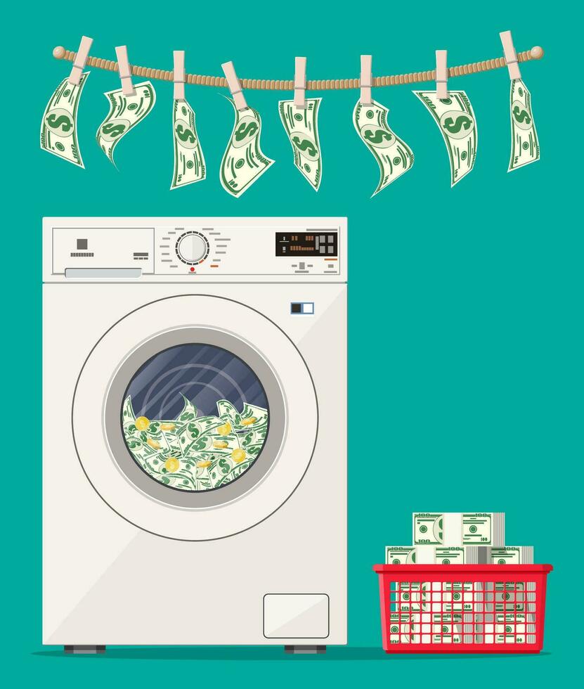 tvättning maskin full av dollar sedlar. tvätt av pengar i tvättmaskin. smutsig pengar. dold lön, löner svart betalningar, beskatta undvikande, muta. anti korruption. vektor illustration i platt stil