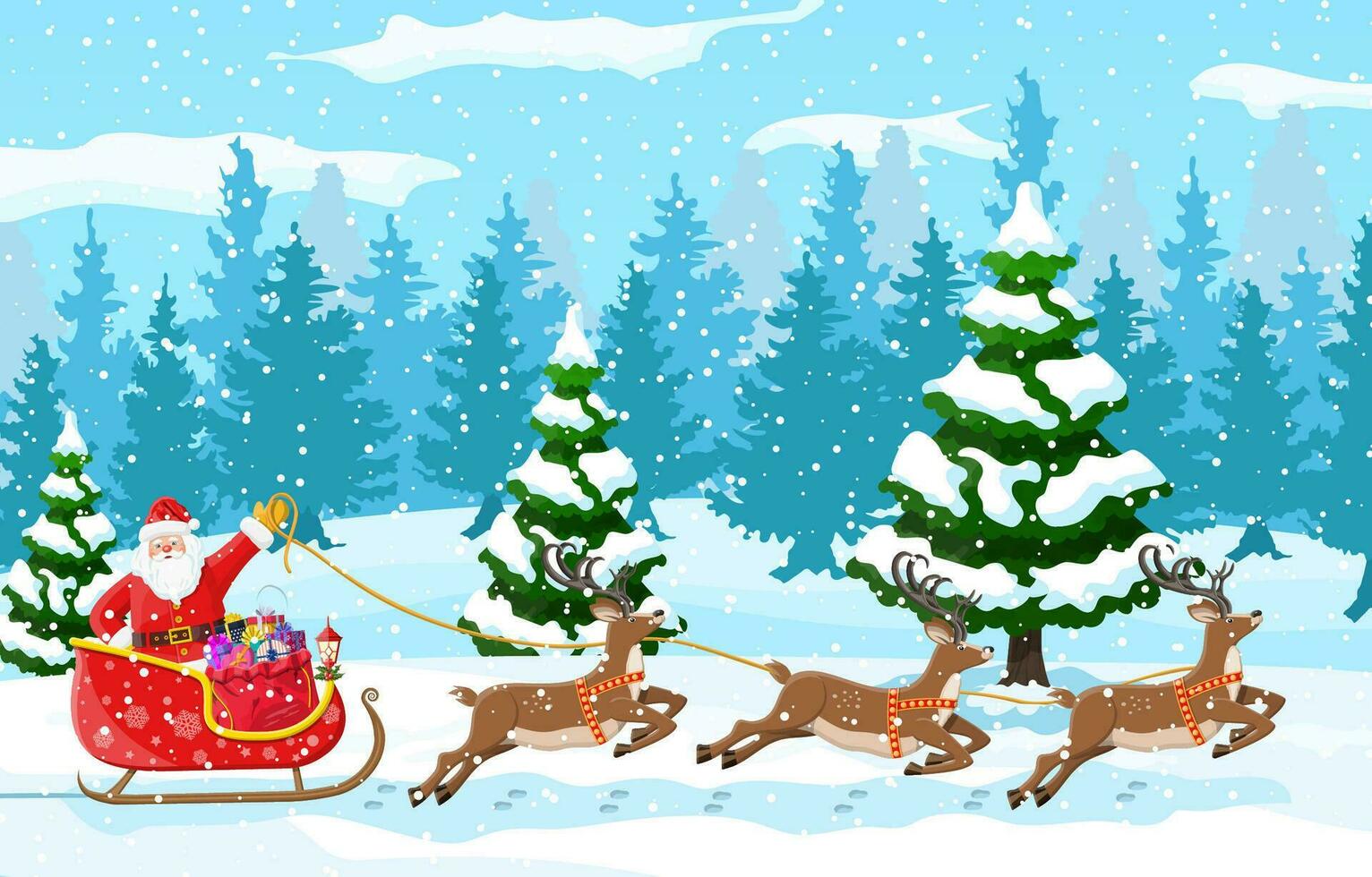 jul bakgrund. santa claus rider ren släde. vinter- landskap med gran träd skog och snöar. Lycklig ny år firande. ny år xmas Semester. vektor illustration platt stil