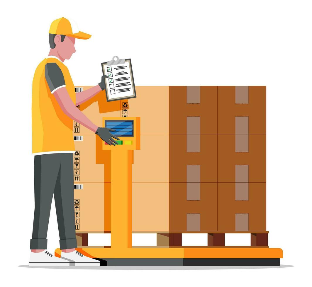 Warenhaus Arbeiter ist Wiegen das Ladung. industriell Waren Gewicht Waage. logistisch und Verteilung, Paket Paket, Karton Boxen. Rahmen mit Box isoliert auf Weiß. eben Vektor Illustration